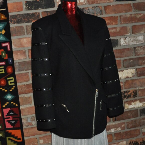 PARASUCO BLACK Wool Tailoreded Fitted CAR Coat Jacket Studded sleeves Zip-up Lrg - Picture 3 of 15